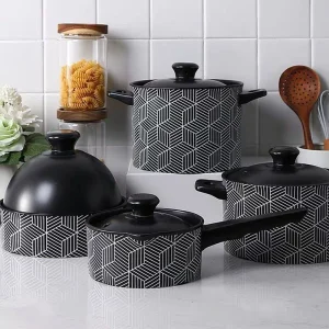Black &amp; White Geometric Pattern Ceramic Cooking Pot Set, Lidded Stockpot &amp; Saucepan, Household Non-Stick Enamel Pot