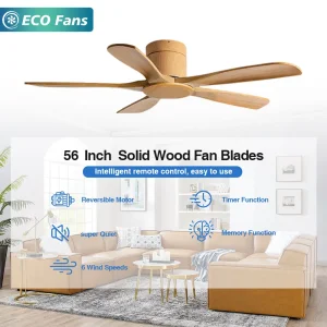 Quiet Operation 56 Inch Solid Wood Ceiling Fan No Light No Lamp Without Flush Mount