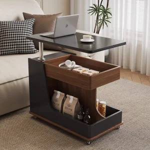 Solid Wood Liftable Mobile Trolley Side Table Coffeetable for Living Room