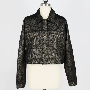 Women's Cotton Spandex Denim Shining Leopard Print Customer Design Cropped Button Jacket