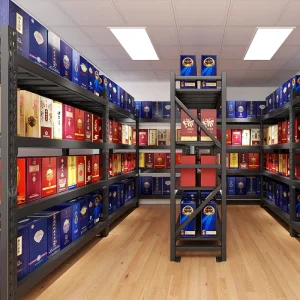 Light Duty Black Steel Metal Storage Rack Shelves Corrosion Protected Home and Garage Racking for Wine Warehouse Use