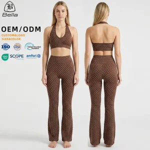 Factory Custom Polka Dot Yoga Set Women's Halter Sports Bra Tank Tops High Waist Flare Leggings Workout Gym Wear Activewear Sets