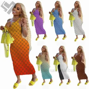 2023 Trendy Summer Women Designer Clothing Letter Print Sexy Bodycon Long Dress Ladies Luxury Casual Sleeveless Maxi Dress