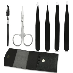 6PCS Eyebrow Eyelash Nail Skin Care Tweezers Set Beauty Cosmetic Makeup Eye Beard Brush Tool with Pouch