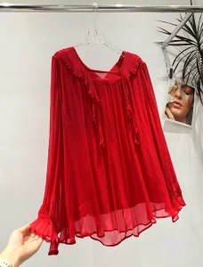 Red Sheer Chiffon Pleated Blouse with Ruffled Cuffs Women Casual Loose Blouse