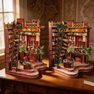 Adults Hobby Winding Alley Library 3D Wooden Puzzle DIY Miniature House &amp; Bookshelf Craft Kit 1:8 Scale Assembly Model