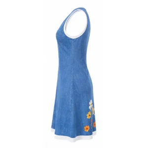 Vestido Mini Sem Mangas de Denim para Mulheres com Padrão Floral, Bolso, Bordas Brancas, Casual, Diário, Personalizado