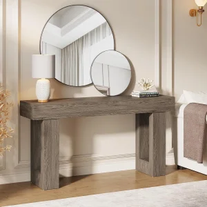 63-Inch Mesa Console Longa, Mesa Retangular de Madeira para Atrás do Sofá, Mesa de Entrada Estilo Fazenda para Hall de Entrada, Sala de Estar (Cinza)