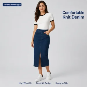 High Waist Slit Denim Skirt Women Summer Midi Length