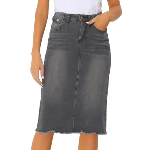 Women's High Waisted Denim Midi Skirt Button Front