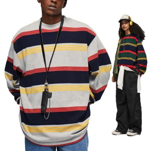 OEM 200GSM 100% Camiseta de Manga Longa Solta com Listras em Algodão de Cor Contrastante para Homens, Moda Casual de Rua