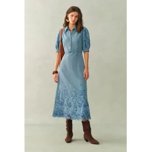 Vestido Casual Feminino de Manga Curta de Alta Qualidade por Atacado, Personalizado com Bordado, em Jeans, com Comprimento Longo