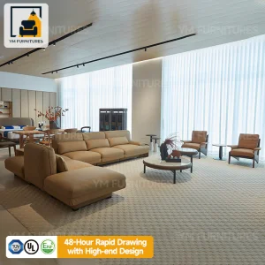 Banquet Lobby Decor Luxury Neutral Tone Leather Upholstered Accents Bespoke Premium L-Shape Sofa Furniture