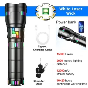 High Power 15000lm Rechargeable Aluminium White Laser LED Flashlight with Power Bank