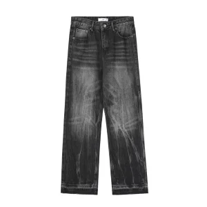 Calça casual masculina preta de algodão solta e larga, calça jeans denim original de fábrica