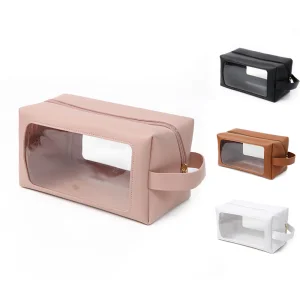YY Clear Window Cosmetic Bag Makeup Bag Durable PU Leather Toiletry Storage Bag Organizer Transparent Travel Cosmetic Bag