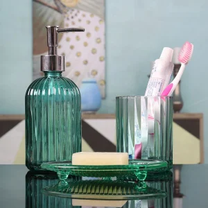 Hot 400ml Stripe Embossing Round Shape Colorful Shampoo Body Lotion Hand Sanitizer Glass Bottle with Pump