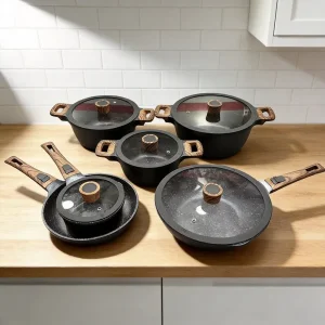 New Arrival Black Marble Die Casting Aluminum Cookware Set in Detachable Handle
