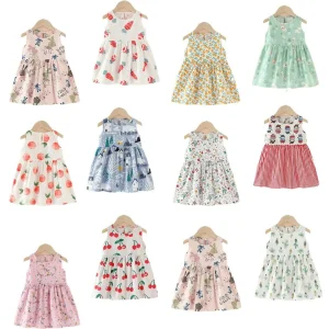Vestido de Verão para Bebê Menina com Estampa Floral, Vestido Casual Sem Mangas em Bambu para Menina Pequena