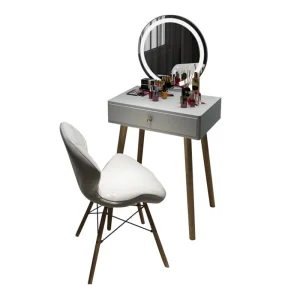 Big Round Mirror Bedroom Make up Table Luxury Modern Dressing Table Leather Dressing Vanity Table with Drawer