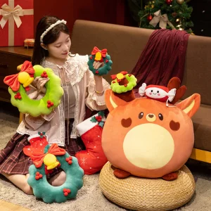 Cartoon Christmas Series Princess Bear Plush Throw Pillow Embroidered Super Soft PP Cotton Filling Mesh UV Varnishing Unisex Toy