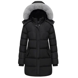 Oelise Women's Winter Thick Puffer Coat Solid Breathable Woven Front Zipper Warm Snow Jacket with Removable Hood