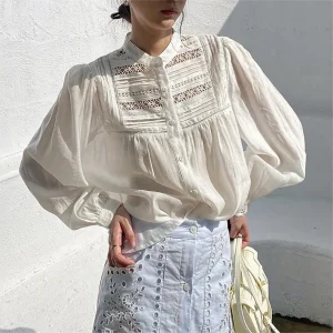 Nova Chegada Camisa Vintage com Botões e Mangas Longas e Puff, Inserção de Renda, Blusas Casuais Elegantes para Escritório