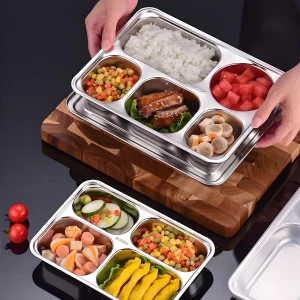 YITIAN Multi Compartments Fast Food Rectangular Stainless Steel 6-Compartment Food Tray Sus 304 Table Snack Dinner Plate