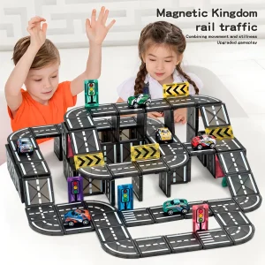 Wholesale Creative Stem Building Toy Learning Educational Magnet Toys Magnetic Tiles Road Set with Pullback Car Children Toys, Kids Car Roads Magnet Tiles Set