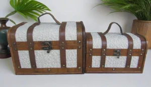 Pure Handcrafted Antique Wooden Treasure Chest Set/2, Make-up/Necklace/Jewelry Box Home Storage Box, Decor with White Tweed Linen Cover Elegant Style Decors