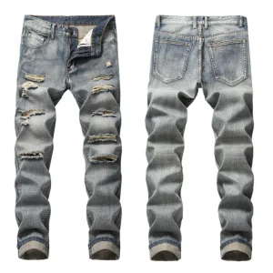 Custom Distressed Enzyme Washed Stonewashed Streetwear Hip Hop Male Ripped Slim Fit Denim Men Skinny Jeans