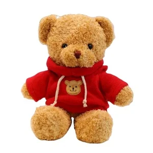 Customize Logo Manufacturer Cute Curly Hair Light Brown Teddy Bear Plush Toy with Red T-shirt