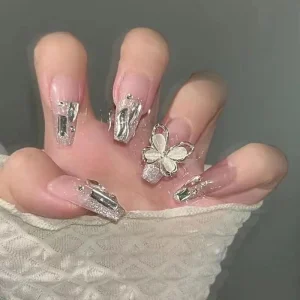 Aurora Drill Blush Glitter Powder Nail White Fake Nails Short Detachable Wearable Manicure