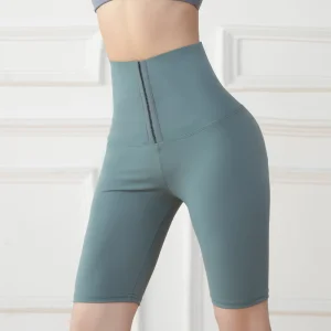 Women Nude Feeling Stretch Yoga Leggings High Waist Tight-Fitting Sports Fitness Wear Belt Buttoned Belly Yoga Shorts