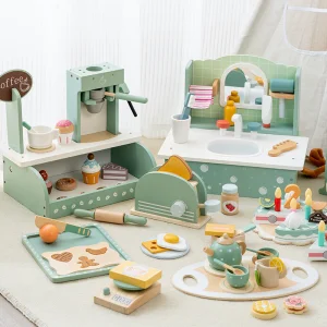 Children's Wooden Toy Pretend Play Afternoon Tea Shop with Coffee Machine and Dessert Role-Playing Store for Kids Boys Girls