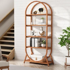 Factory Home Decor 5 Layers Brown Open Storage MDF Arched Contemporary Bookshelf Bookcase Standing Type Living Room Bedroom