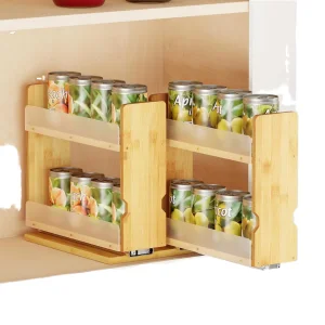 Vertical Organization Sliding Bamboo Seasoning Holder Pull Spice Rack Organizer Portable 2 Drawers Shelves for Cabinet Kitchen