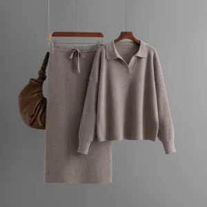 Polo Collar Base Skirt Match with Coat Long Below The Knee Idle Style Loose Thick Sweater Knitted Dress for Women