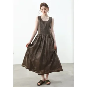 Vestido Maxi Sem Mangas de Linho com Glitter Dourado Personalizado OEM da China, Decote Quadrado Francês, Corte A, Casual para Trabalho no Escritório, Atacado de Verão para Mulheres