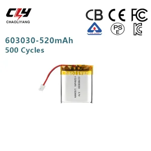 UL, IEC62133 Certified 3.7V 603030-520mAh, Rechargeable Polymer Lithium Battery