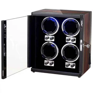 Caixa de Relógio Automática com Rotação para Armazenamento de Relógios em Madeira e Couro, Controle Móvel RGB por Atacado 4 Slots
