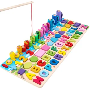 6 in 1 Wooden Multifunctional Fishing Game Matching Cognitive Board Children Early Educational Wooden Montessori Toys