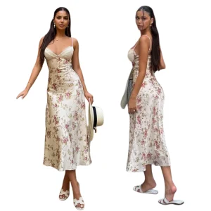 Elegant Casual Summer Eco-Friendly Breathable Floral Digital Printed Woven A-Line Spaghetti Strap Maxi Dress Lace Satin Contrast