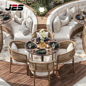 J2s Modern Outdoor Restaurant Furniture Set with Rattan Dining Chairs Round Wooden Table and Upholstered Curved Booth Seating for Hotel Cafe