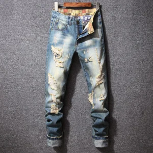Calças Jeans Masculinas Desgastadas Pintadas Lavadas Rasgadas Vintage Baggy
