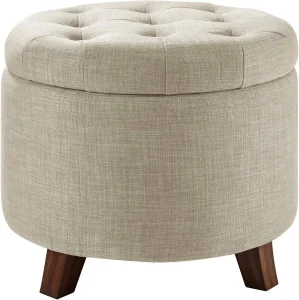Round Linen Ottoman with Storage for Living Room and Bedroom