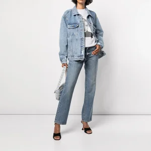Customized Light Blue Oversize Heavy Wash Destroyed Women's Denim Trucker Jacket Button Long Sleeves Streetwear Autumn Winter