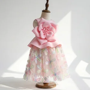 Pink 3D Rose Flower Formal Princess Ball Gown Girls Party Dress Elegant Statement Birthday Outfit Soft Mesh Lining Vietnam