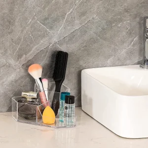 Caja de almacenamiento para brochas de maquillaje de acrílico con tres compartimentos