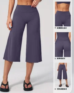 Pantalones capri deportivos de mujer personalizados al por mayor con logo, de cintura alta y pierna ancha